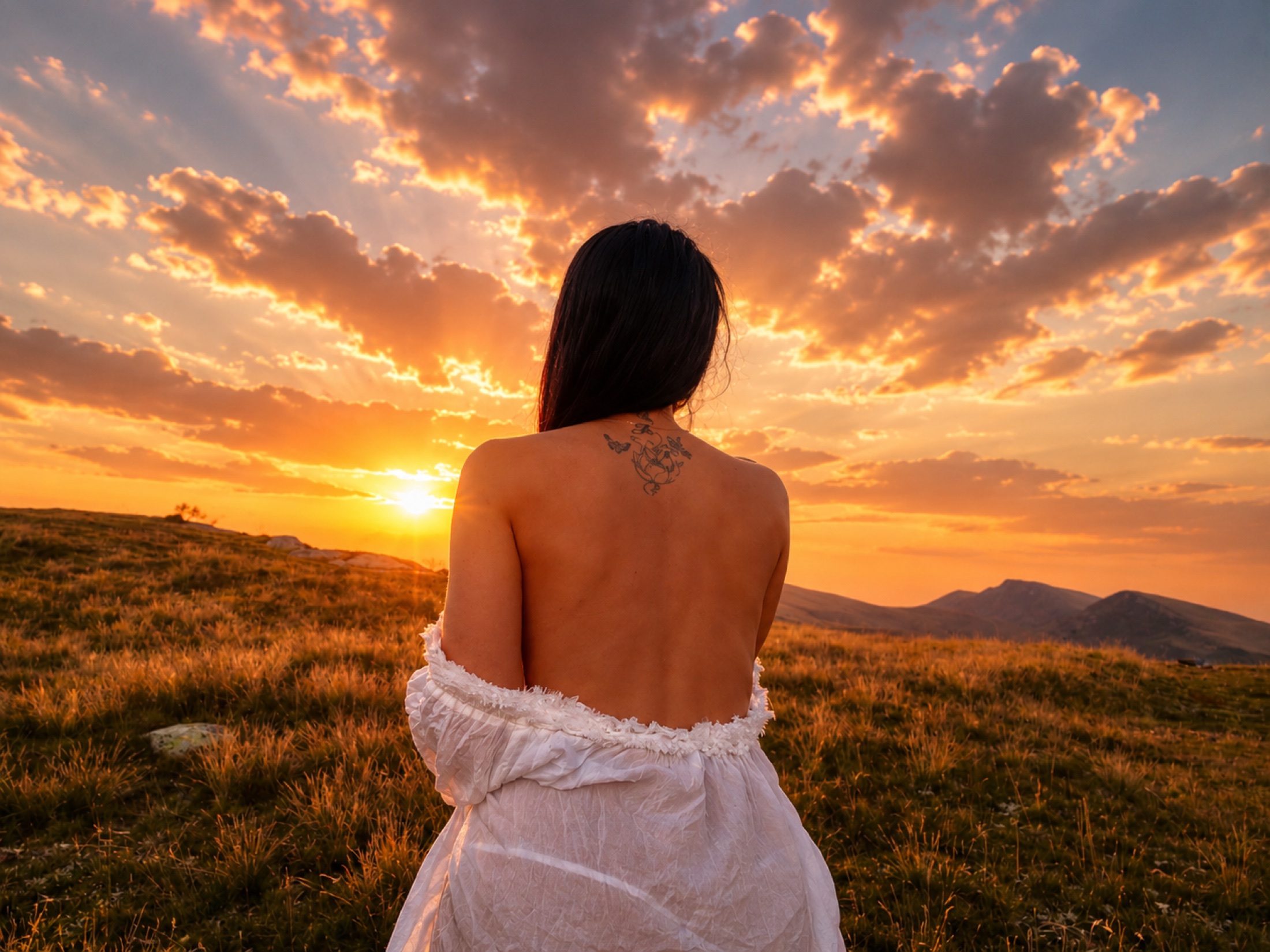 Alishya looking toward a glowing mountain sunset
